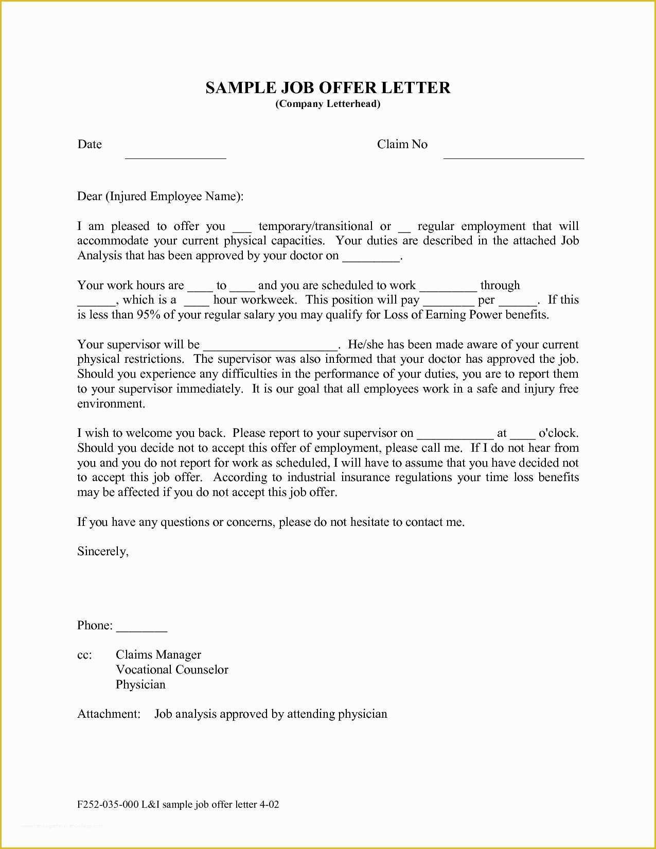 Offer Of Employment Letter Template Free Of Job Fer Letter Template