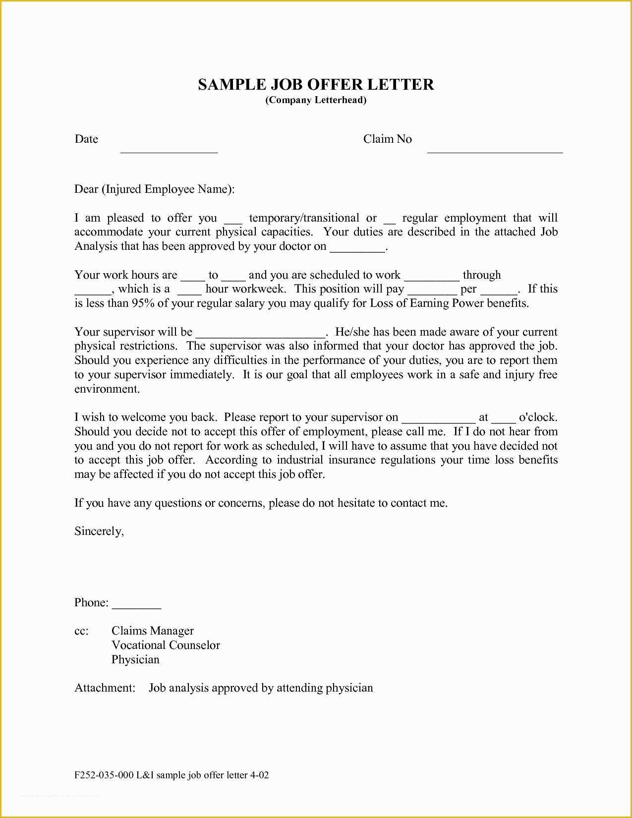 Offer Of Employment Letter Template Free Of Job Fer Letter Template