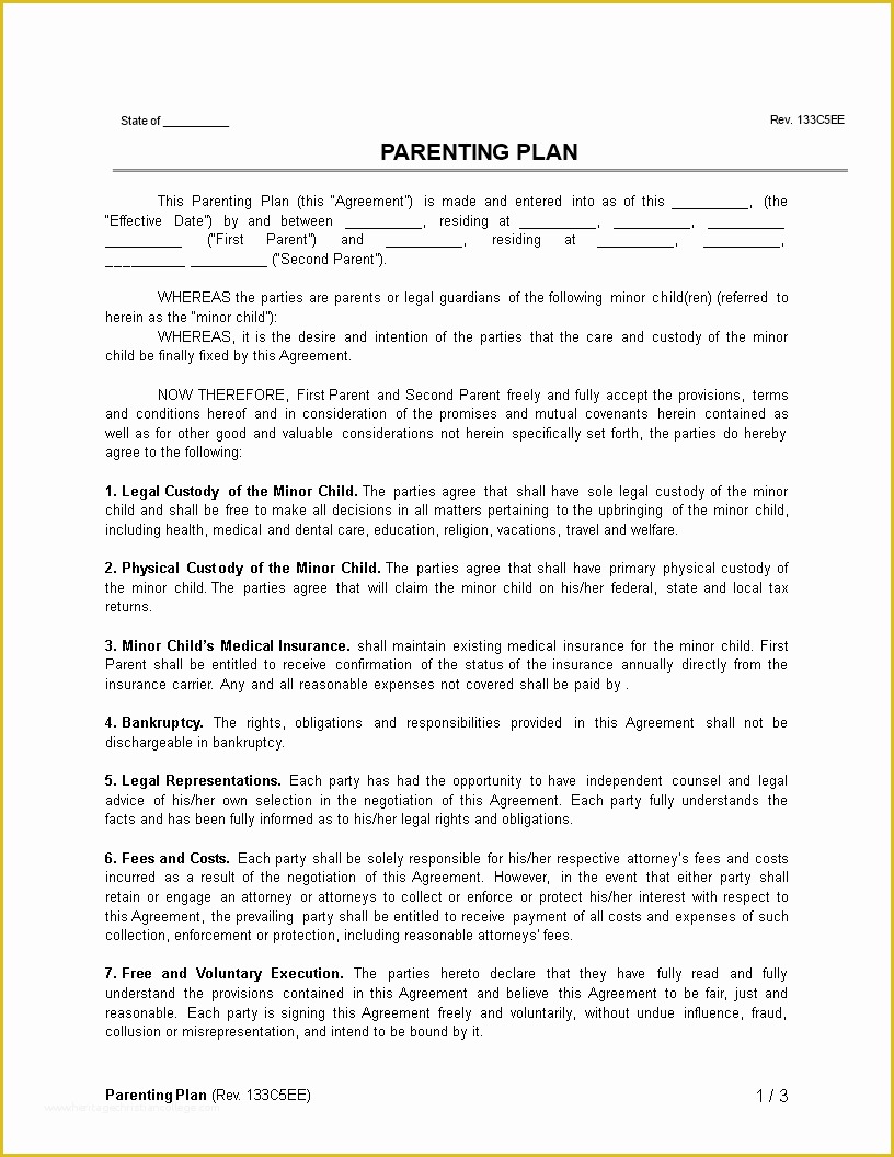 Parenting Agreement Template Free Of Free Parenting Plan Template