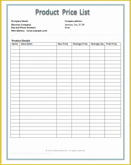 Photography Price List Template Free Download Of Product Price List Template Clean format List Templates