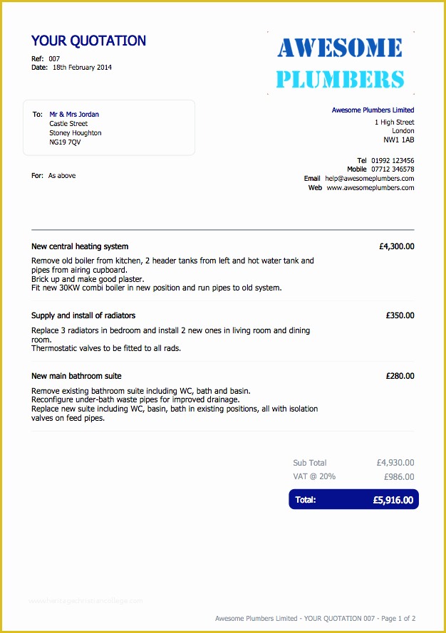 Plumbing Estimate Template
