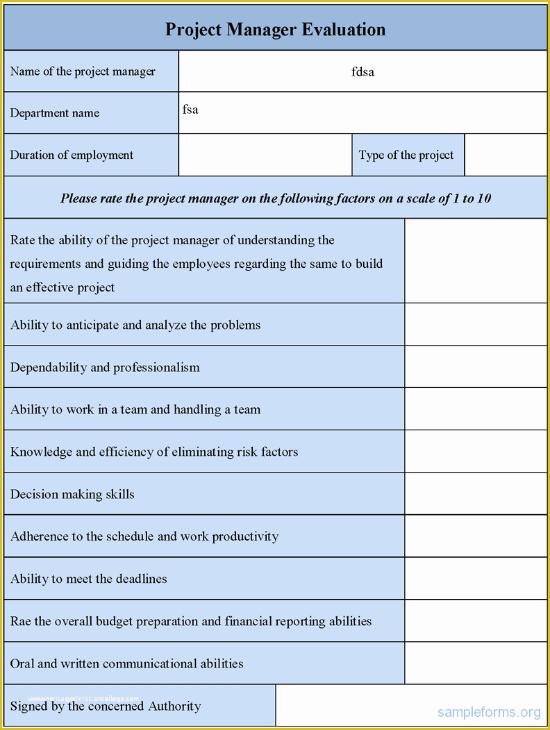 Project forms Free Templates Of Project Manager Evaluation form Sample forms