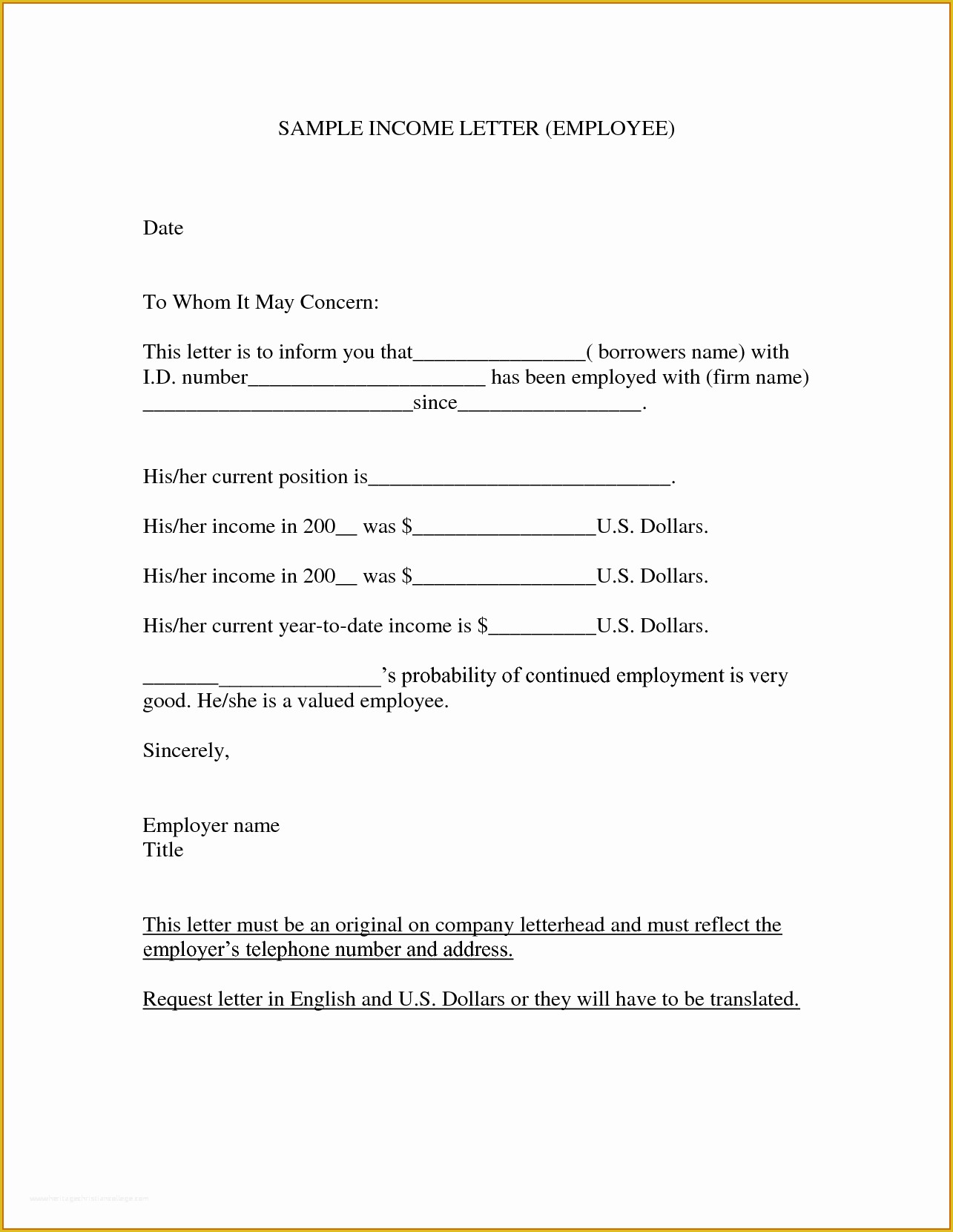 Proof Of Income Letter Template Free Of 11 In E Proof Letter Sample