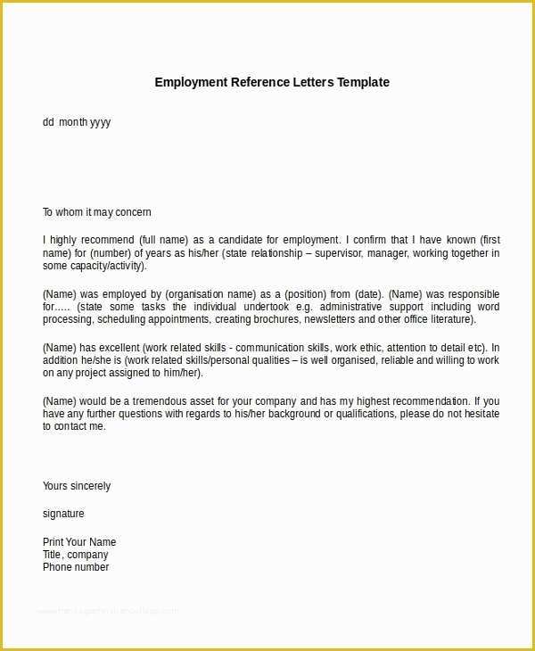 Reference Letter Template Free Of 13 Employment Reference Letter Templates Free Sample