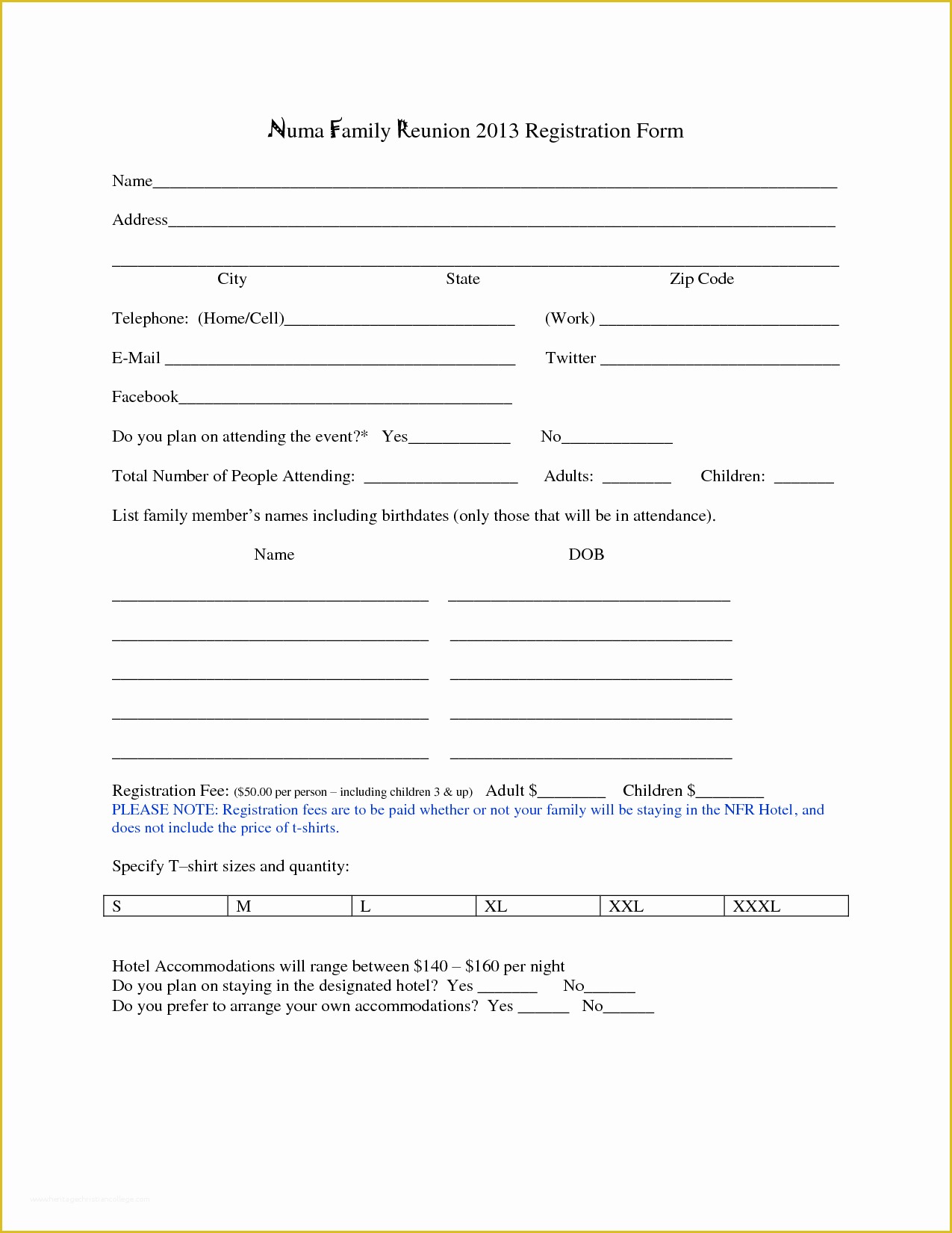 Registration form Template Free Download Of 7 Best Of Family Reunion forms Printable Free
