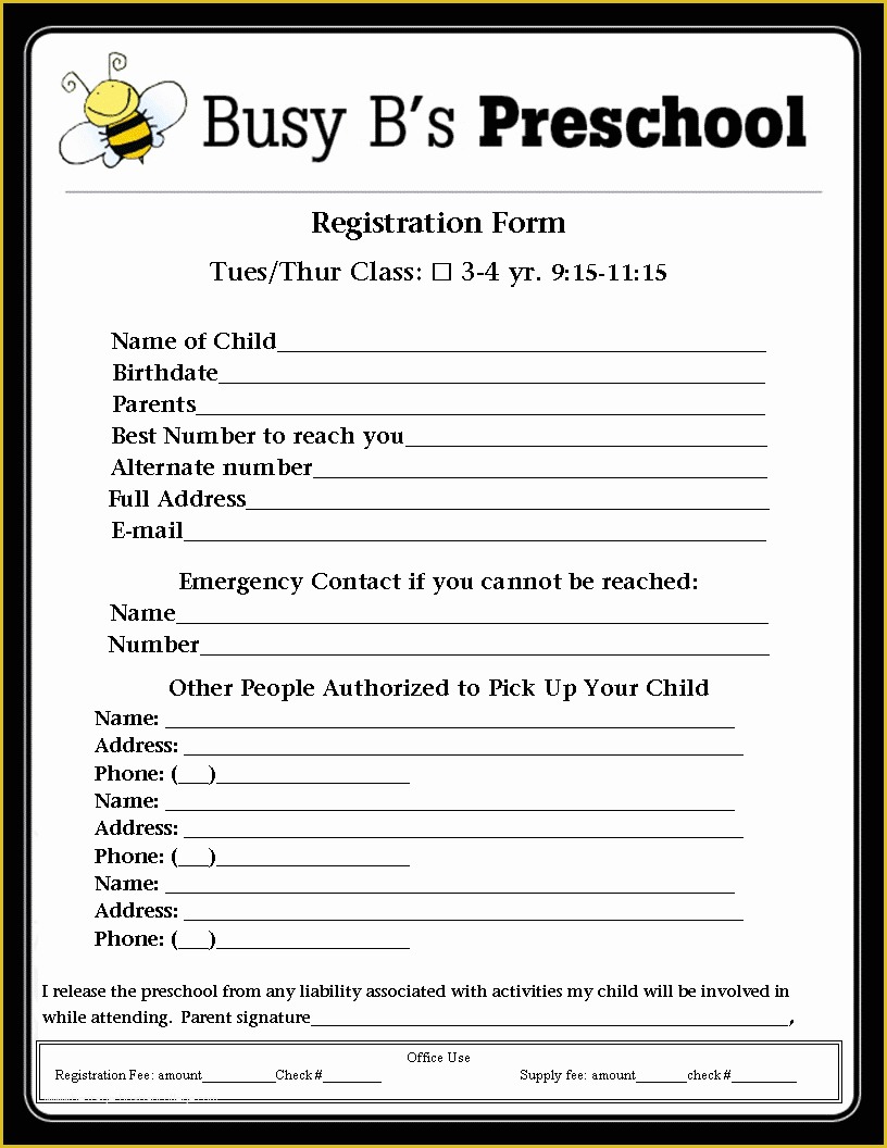 Registration form Template Free Download Of Busy B S Preschool Registration form Lbl