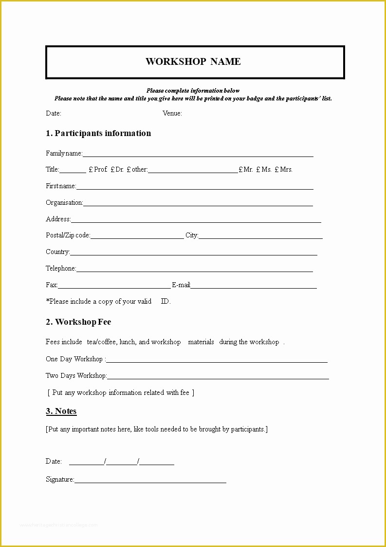 Registration form Template Free Download Of Free Workshop Registration form