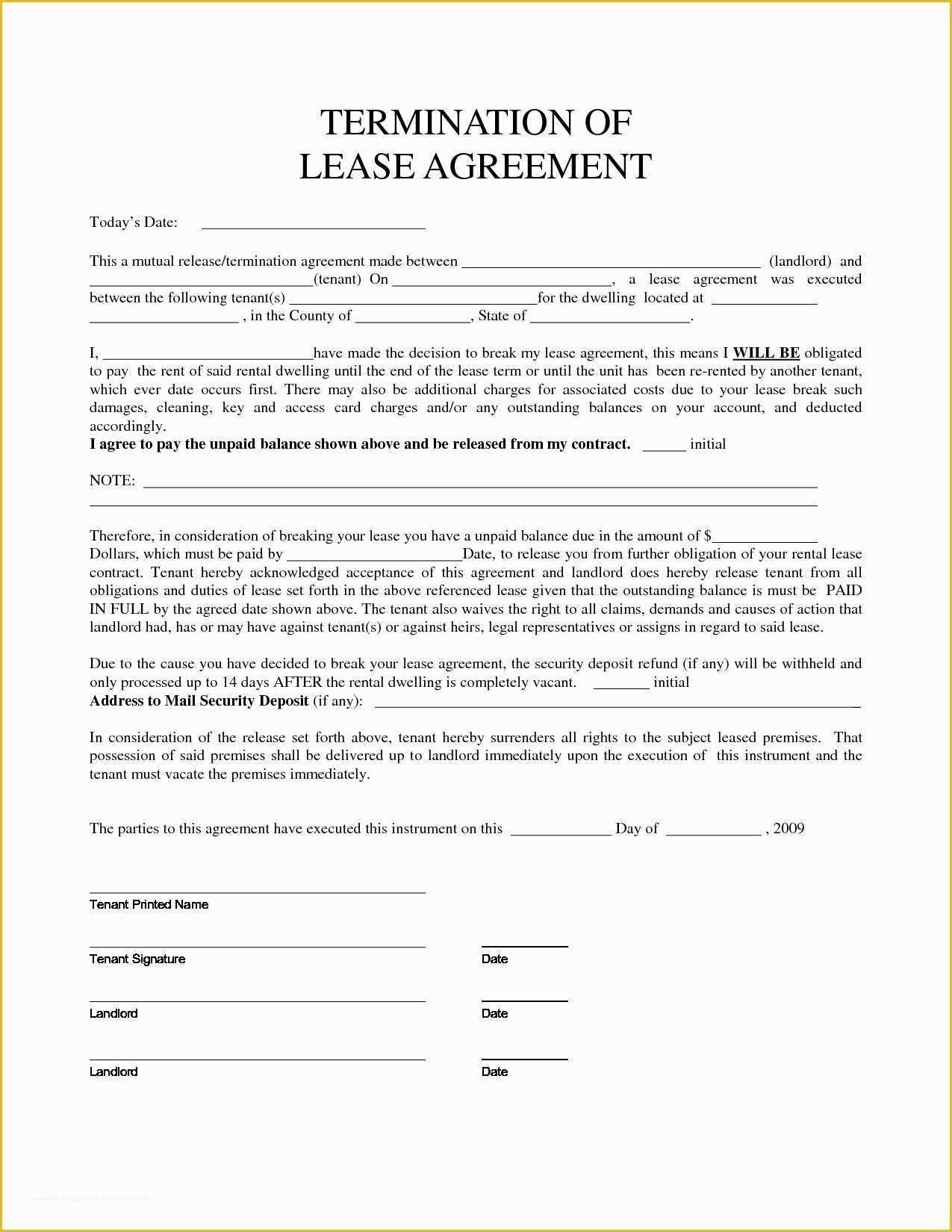 Rental Agreement Template Free Of Early Termination Lease Agreement Template Templates