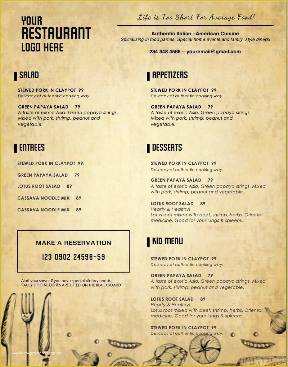 Restaurant Menu Template Free Of Design & Templates Menu Templates Wedding Menu Food