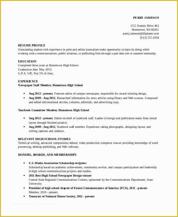 Resume Templates Free for High School Students Of 10 High School Student Resume Templates Pdf Doc