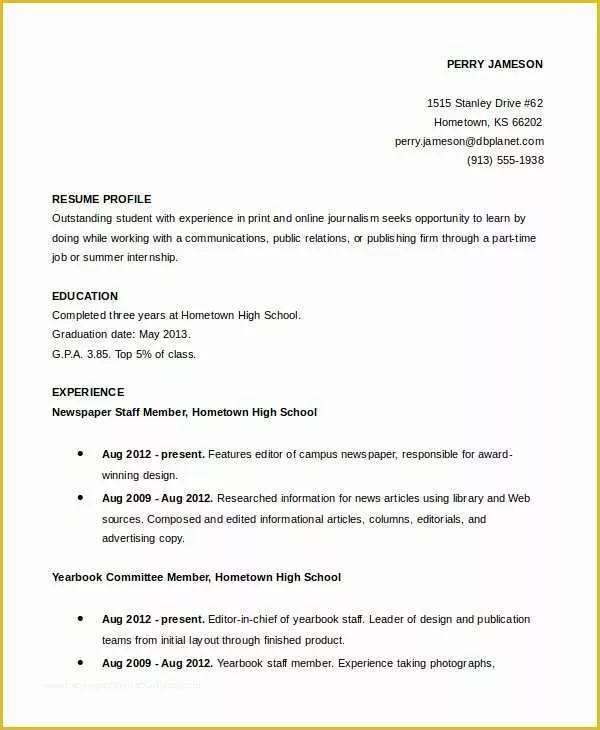 Resume Templates Free for High School Students Of 11 High School Student Resume Templates Pdf Doc