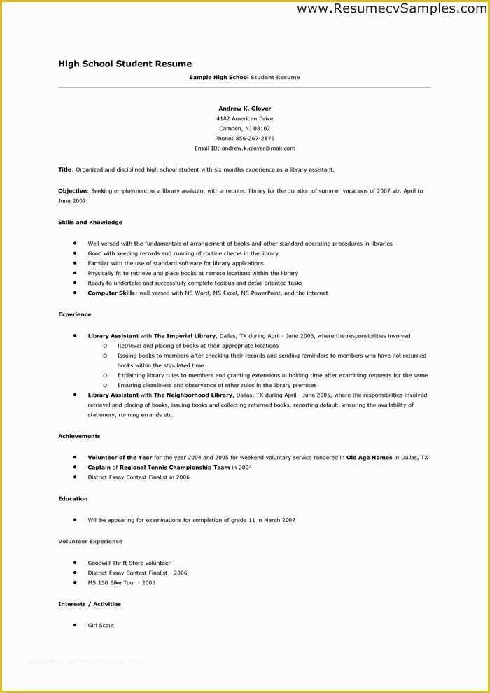 Resume Templates Free for High School Students Of High School Student Resume Template Word Google Search