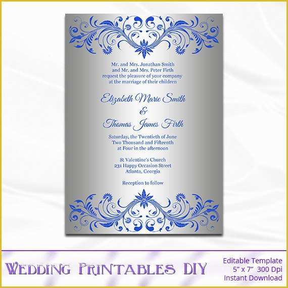 Royal Wedding Invitation Template Free Of Royal Blue and Silver Wedding Invitation Template Diy Silver