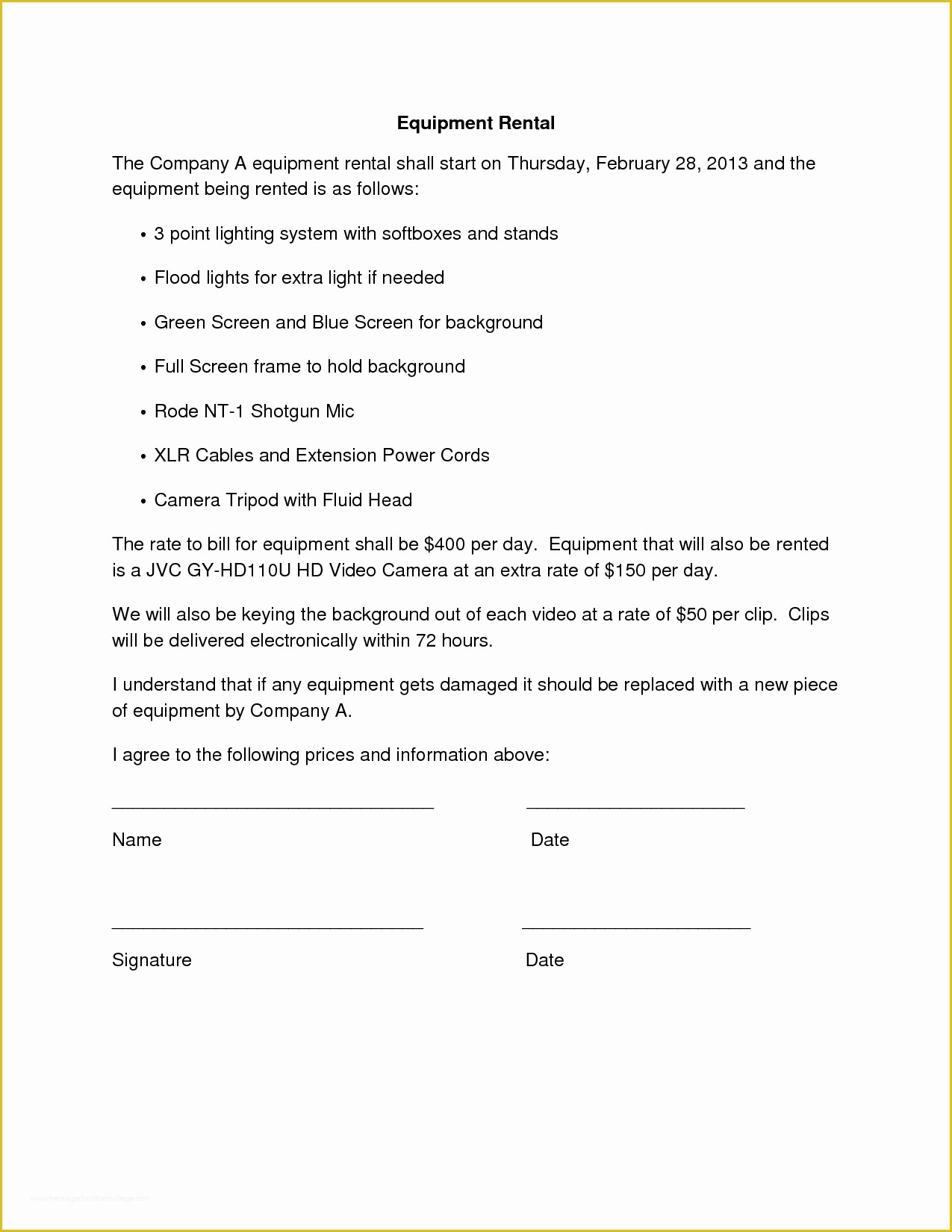 Simple Equipment Rental Agreement Template Free Of 10 Best Of Simple Agreements Letters Template