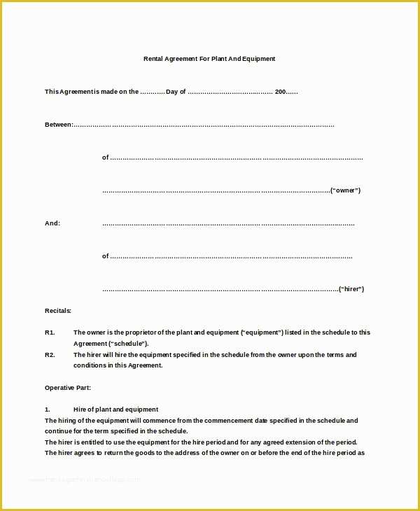 Simple Equipment Rental Agreement Template Free Of 19 Basic Rental Agreement Templates Doc Pdf