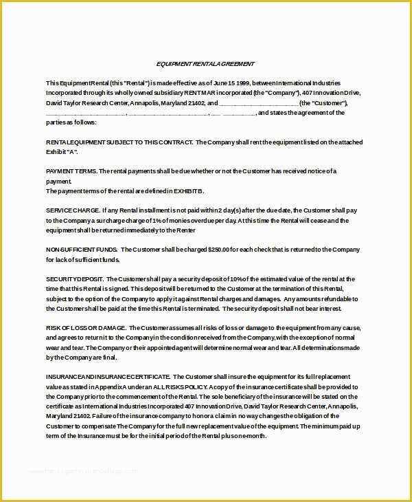 Simple Equipment Rental Agreement Template Free Of 21 Equipment Rental Agreement Templates Free Sample