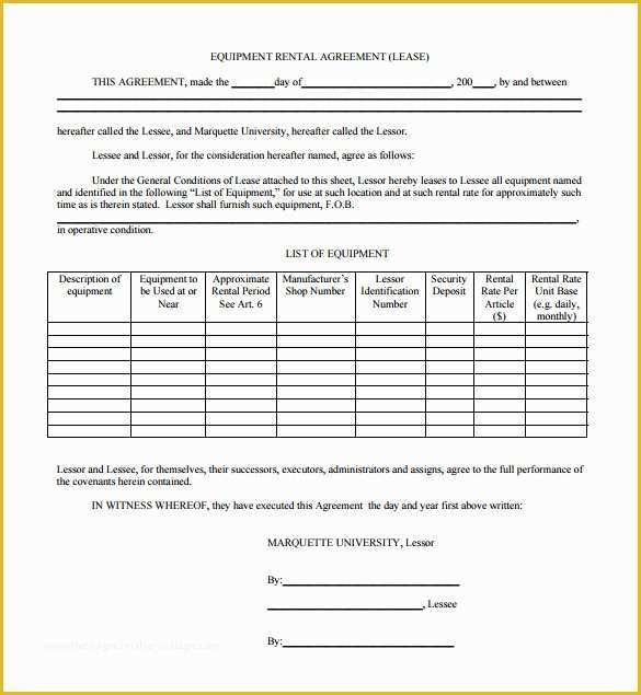 Simple Equipment Rental Agreement Template Free Of 9 Equipment Lease Agreement Templates