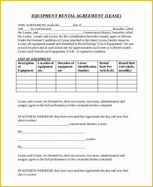 Simple Equipment Rental Agreement Template Free Of Construction Equipment Rental Agreement Template