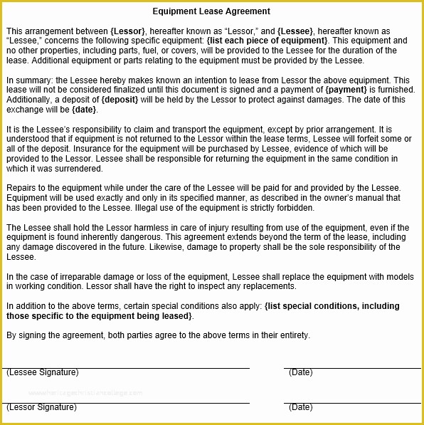 Simple Equipment Rental Agreement Template Free Of Equipment Lease Agreement Template