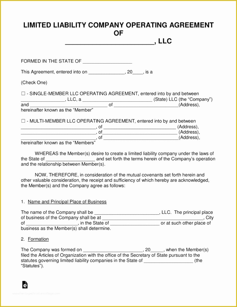 Single Member Llc Operating Agreement Template Free Of Free Llc Operating Agreement Templates Pdf