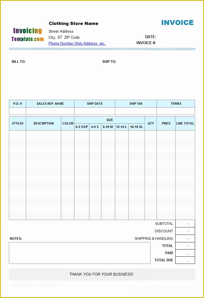 Store Template Free Of Clothing Store Manufacturer Invoice format with Item