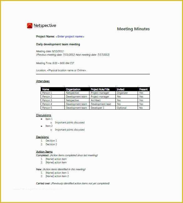 Team Meeting Minutes Template Free Of Team Meeting Minutes Templates 9 Free Sample Example