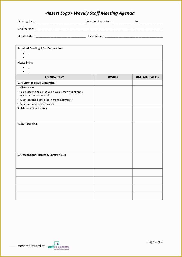 Team Meeting Minutes Template Free Of Weekly Staff Meeting Agenda