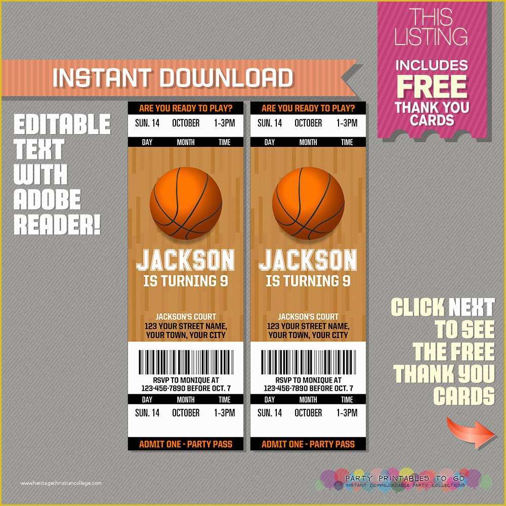 Ticket Invitation Template Free Of Basketball Ticket Invitation with Free Thank You Card