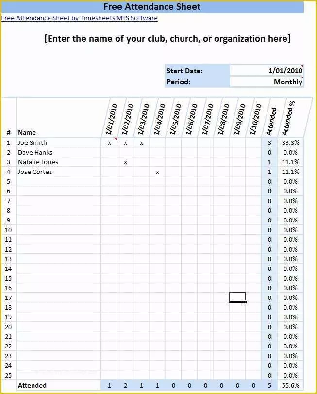 Time and attendance Templates Free Of Printable attendance Sheet format In Excel Time Clock Mts