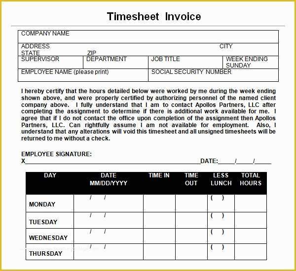 Timesheet Invoice Template Free Of 7 Sample Time Sheets