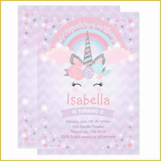 Unicorn Invitation Template Free Of Rainbow Unicorn Birthday Invitation Purple Silver