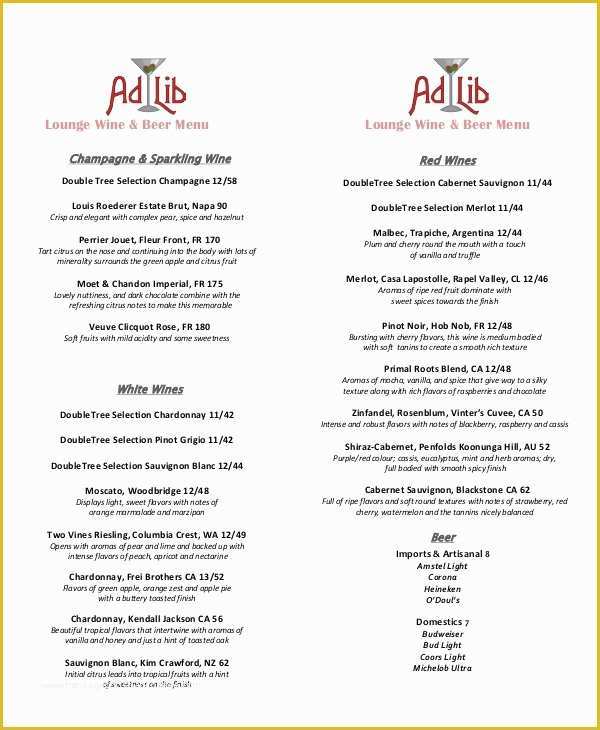 Wine Menu Template Free Of 8 Sample Beer Menus