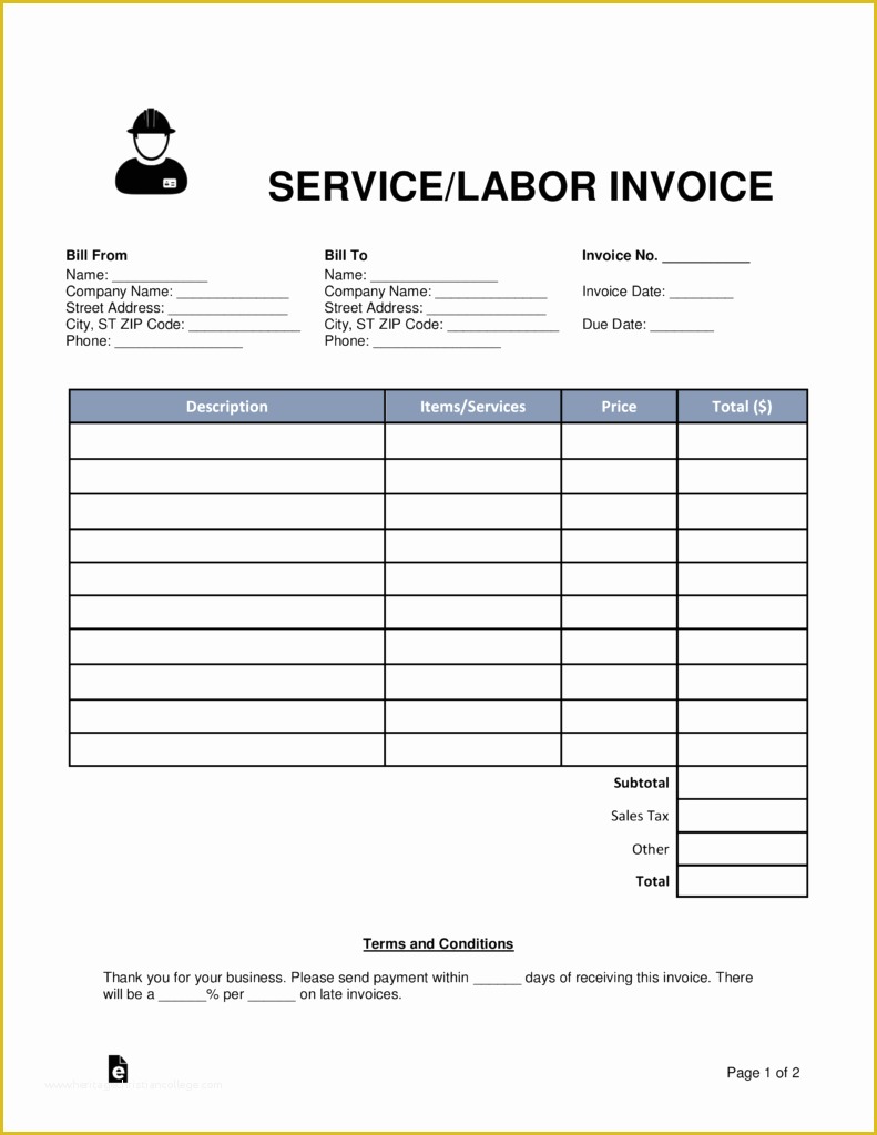 Work Invoice Template Free Of Free Service Labor Invoice Template Word Pdf