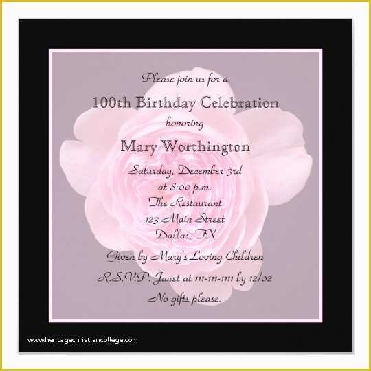 100th Birthday Invitation Templates Free Of 100th Birthday Party Invitation Rose for 100th