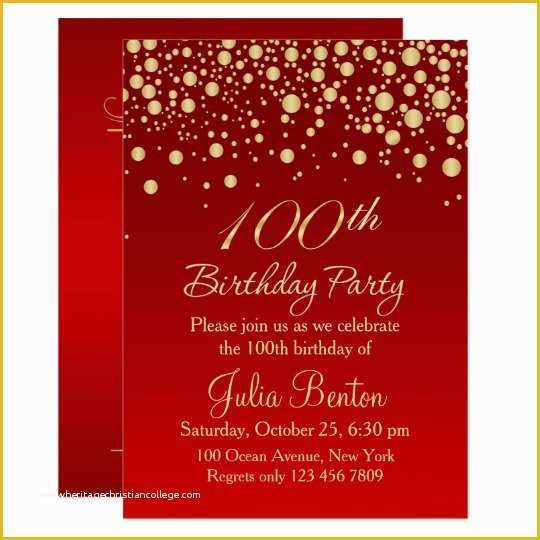 100th Birthday Invitation Templates Free Of Golden Confetti On Red 100th Birthday Invitation