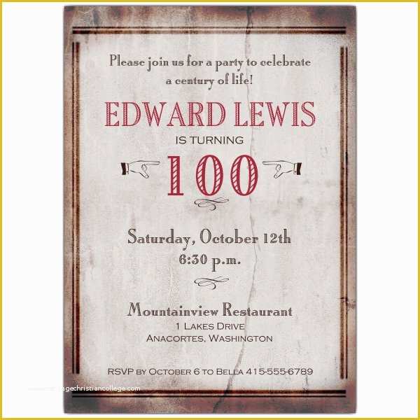 100th Birthday Invitation Templates Free Of Old World 100th Birthday Invitations