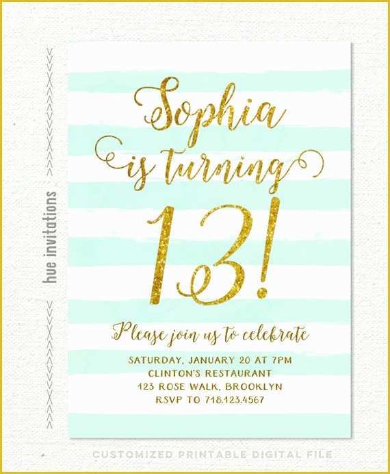 13th Birthday Invitation Templates Free Of 13th Birthday Invitations Girl Mint Stripes Gold Glitter