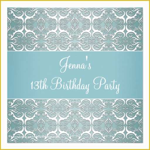 13th Birthday Invitation Templates Free Of Pretty Teal Blue Damask 13th Birthday Party 5 25x5 25