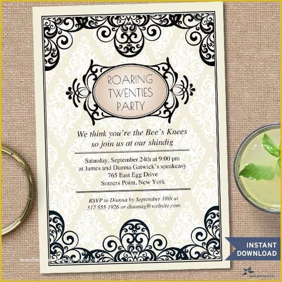 1920s Party Invitation Template Free Of Printable Art Deco Damask Roaring Twenties Party