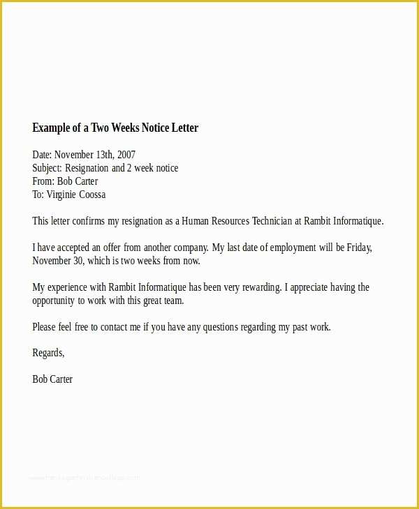 2 Week Notice Template Free Of 10 Two Weeks Notice Letter Examples Google Docs Ms