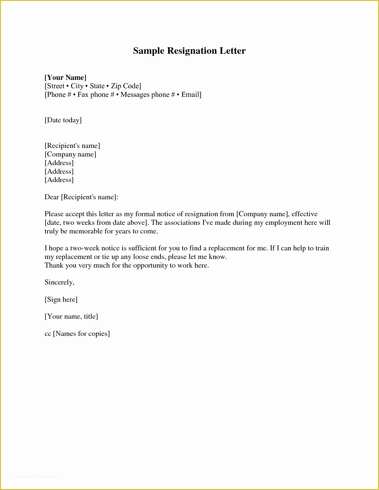 2 Week Notice Template Free Of Resignation Letter 2 Weeks Notice Resignation Letter