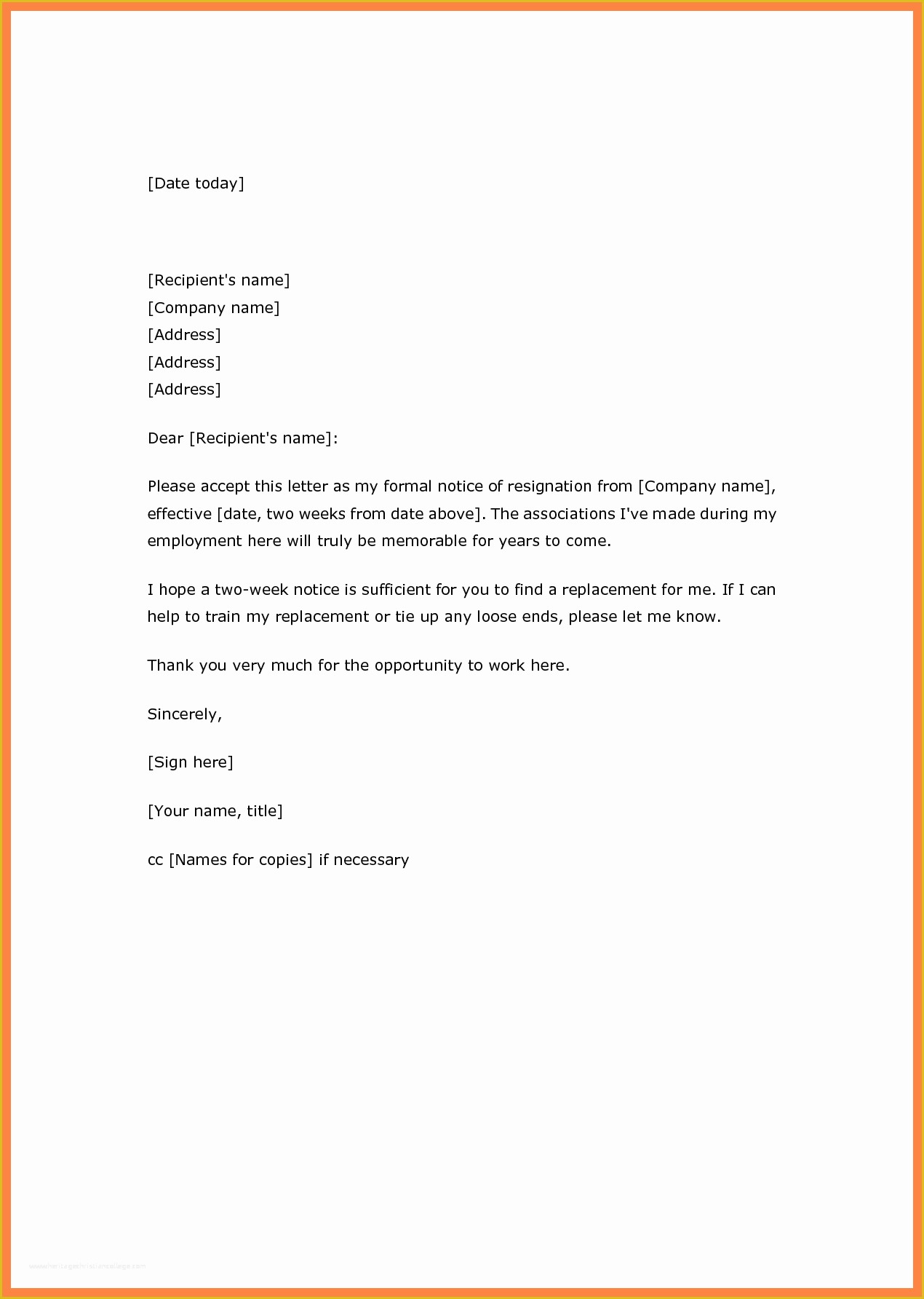 2 Week Notice Template Free Of Two Weeks Notice Letter Template