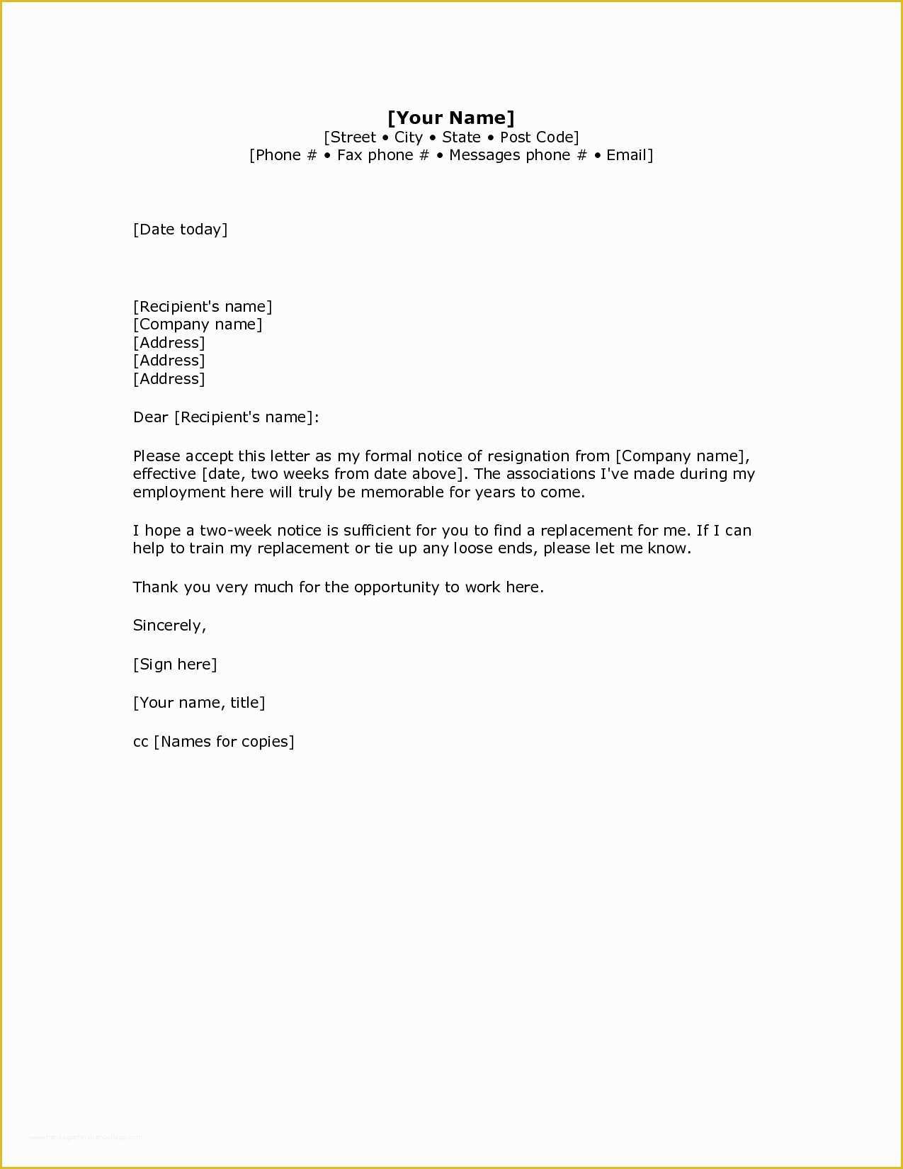 2 Week Notice Template Free Of Two Weeks Notice Template