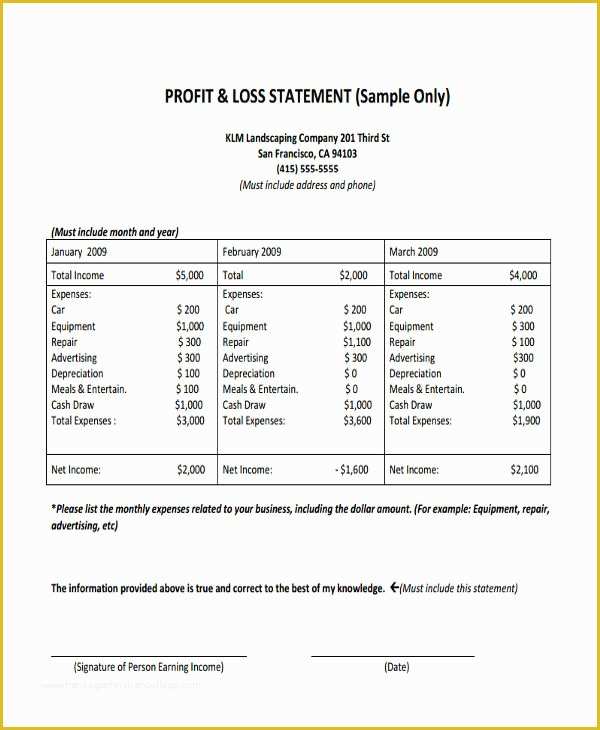 3 Month Profit and Loss Statement Template Free Of 8 Profit and Loss Statement form Samples Free Sample