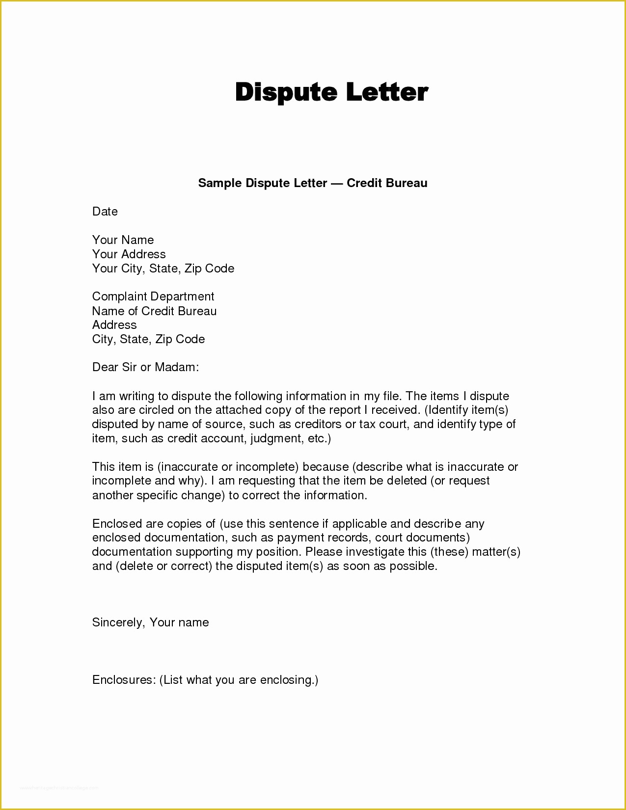 609 Letter Template Free Of Dispute Letter to Credit Bureau Template