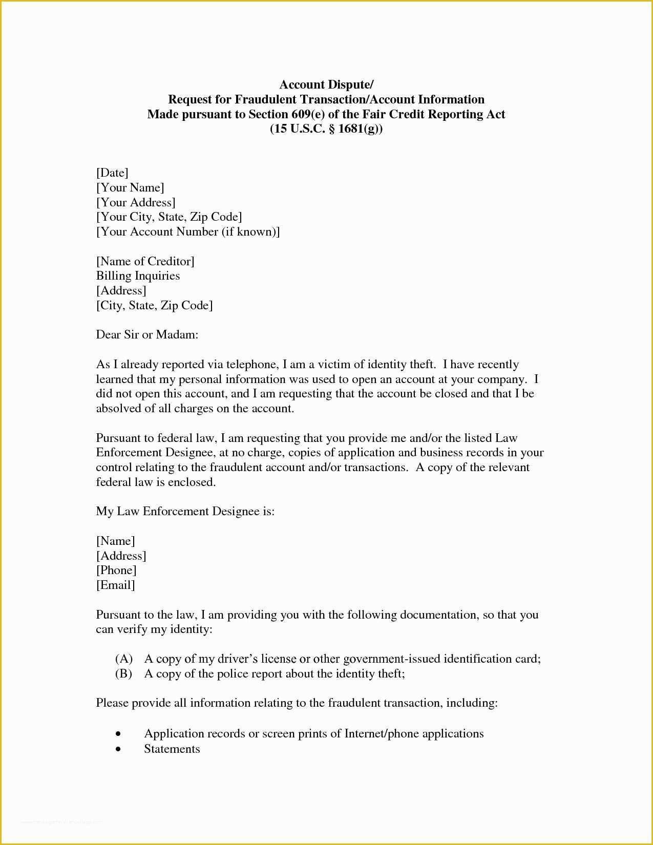 609 Letter Template Free Of Section 609 Credit Dispute Letter Template