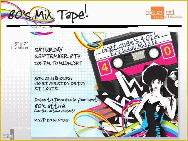 80s Party Invitations Template Free Of 80 S 1980s Printable Birthday Party Invitation Diy