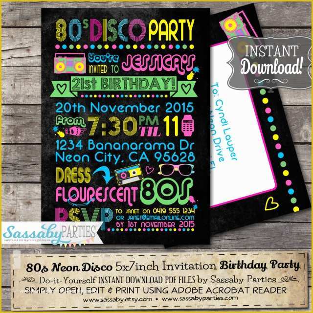 80s Party Invitations Template Free Of 80s Neon Birthday Invitation