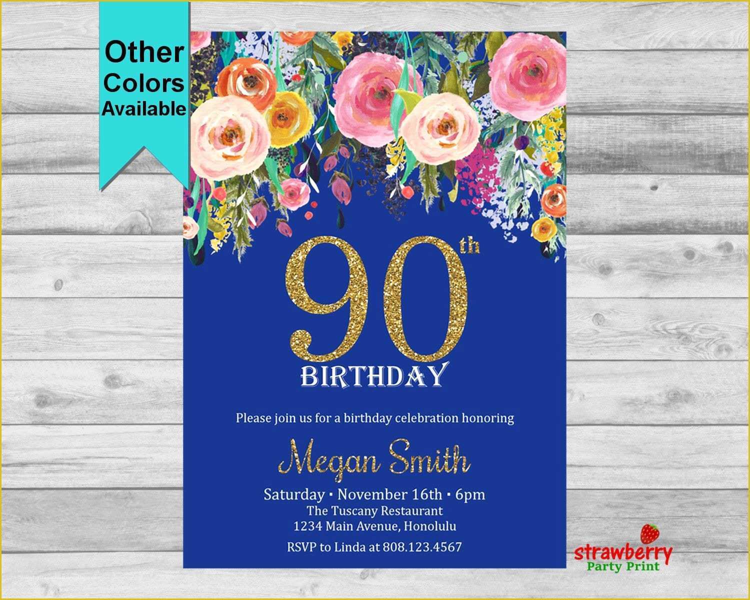 90th Birthday Party Invitations Templates Free Of 90th Birthday Invitation for Women Floral Gold Glitter