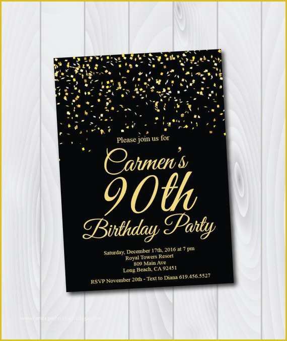 90th Birthday Party Invitations Templates Free Of 90th Birthday Invitation Printable Gold & Black Birthday